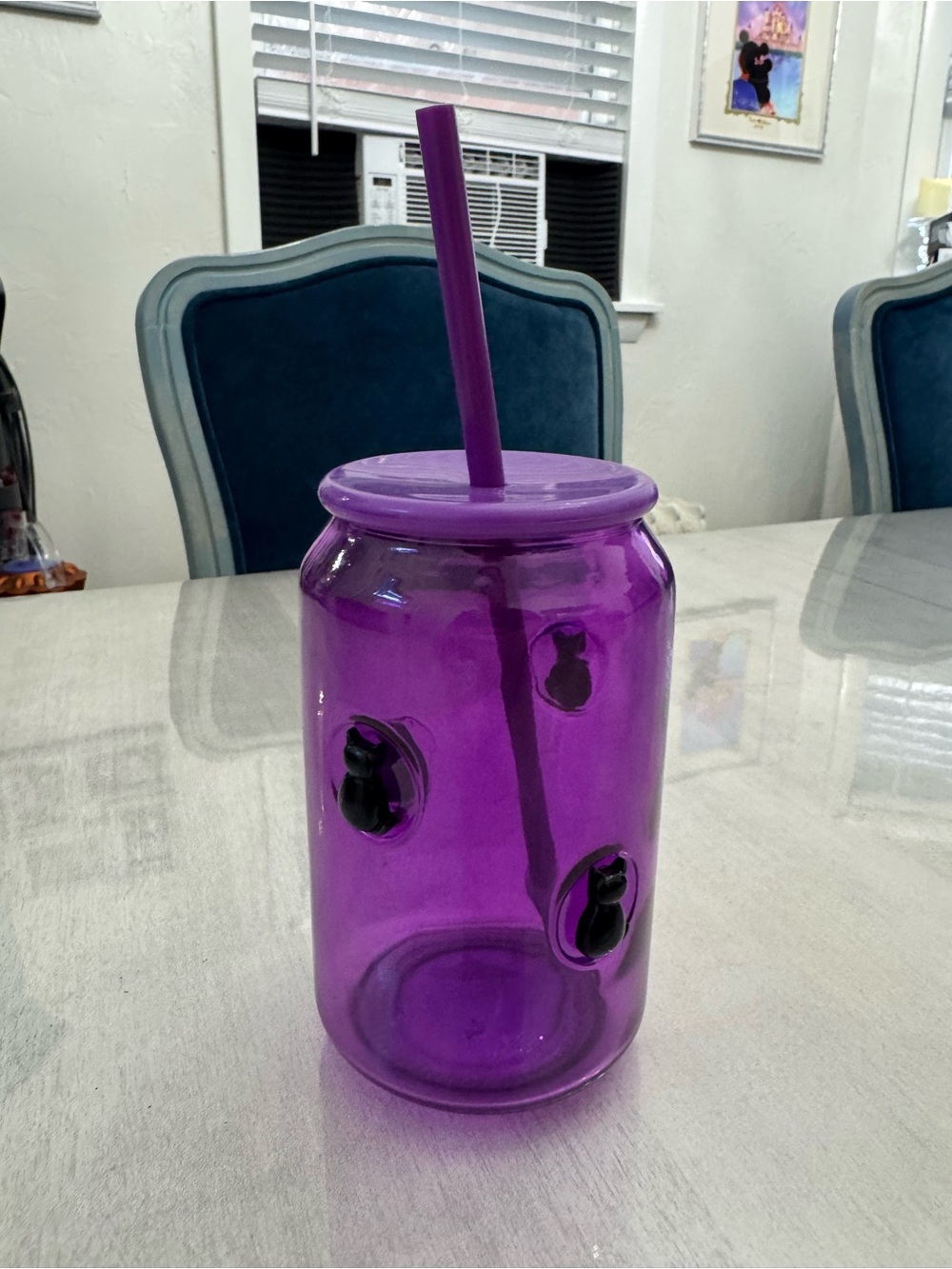 NWOT Purple Soda Can Glass with Black Cats, Lid & Straw